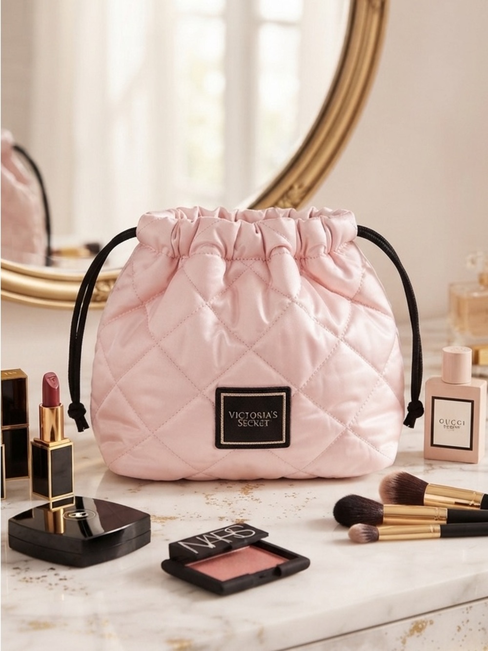 Victoria's Secret Cosmetic Bag Light Pink Quilted with Drawstring NWT